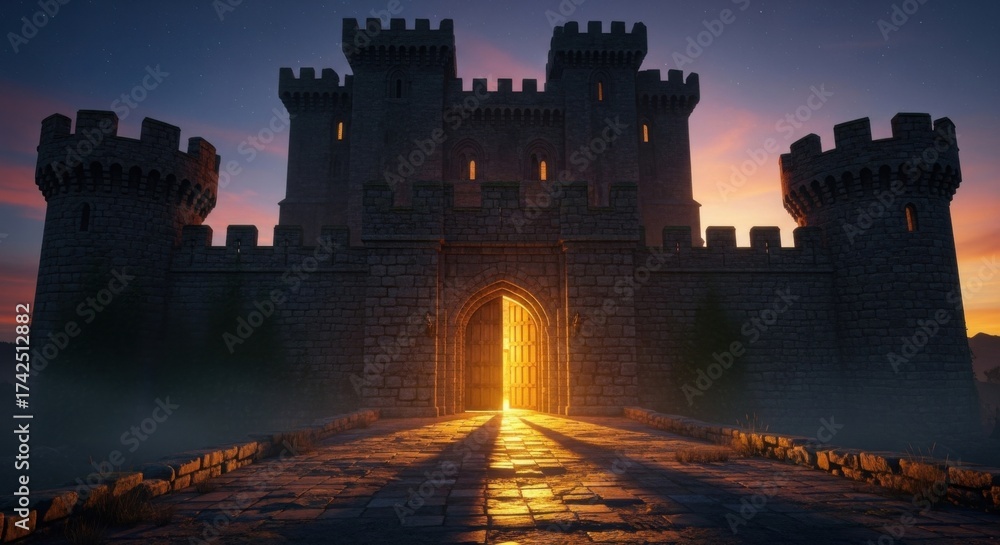 Fototapeta premium Medieval Castle Fortress at Sunset with Glowing Entrance and Towered Walls