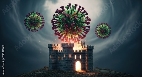 Virus Particles Emerging From Castle Fortress in Dark Sky Scene