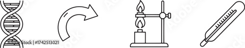 Scientific Process and Measurement: Outline Vector Icons Featuring DNA Helix, Curved Arrow, Heating Apparatus, and Laboratory Thermometer