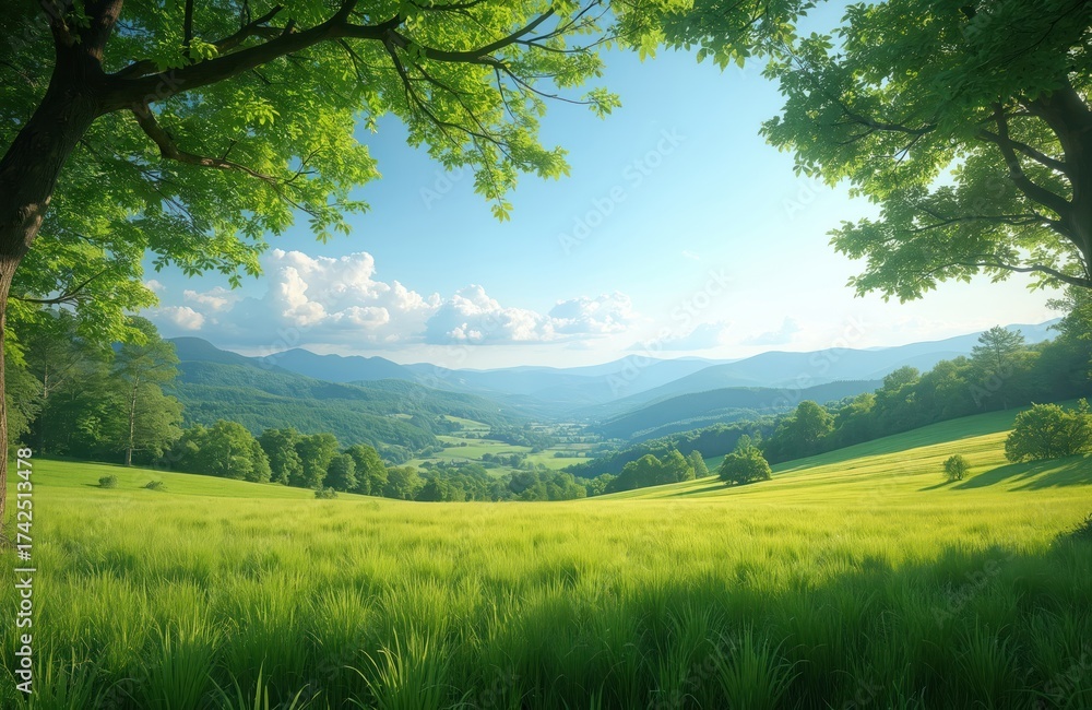 Obraz premium Landscape with green field with grass and blue sky with clouds. Trees grow on meadows. Hills lie in background. Summer countryside scenic view. Concept of eco tourism.