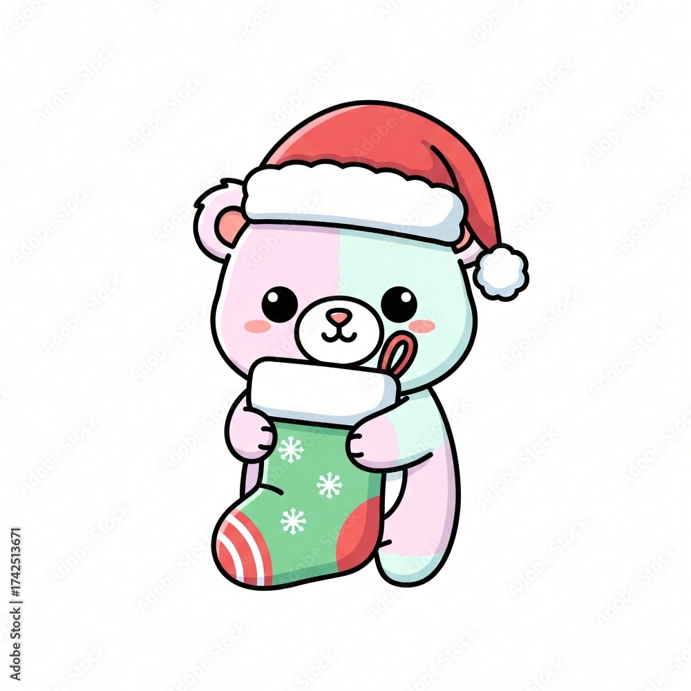 Fototapeta premium Cute cartoon bear wearing Santa hat holding Christmas stocking with snowflakes and candy cane