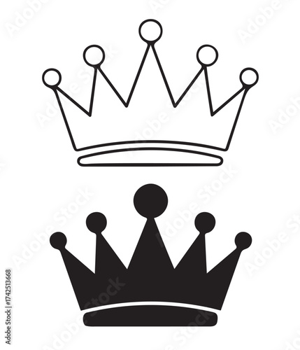 set of crowns vector. Two crowns isolated on white background, one in outline and the other in black silhouette, representing royalty, power, and leadership in a simple yet elegant design