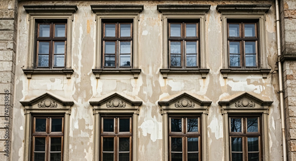 Fototapeta premium Repetitive Pattern of Windows on a Weathered Stone Building Facade
