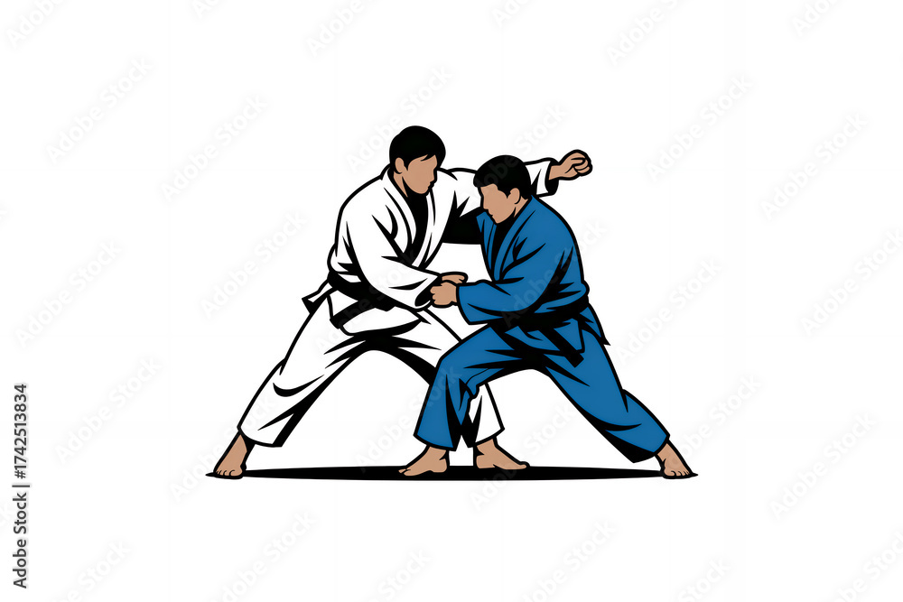 Obraz premium Judo jujutsu exercise logotype minimalistic style banner. Simplistic flat design drawing cartoon illustration depicted judokas fight