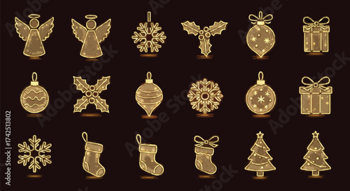 Glowing Gold Wireframe Christmas Ornament Icon Set: Angel, Baubles, and Tree Mesh on Dark Background