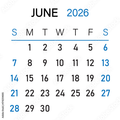 Month of June 2026 infographic calendar vector with blue underline below week name | Futuristic view of date in corporate way, desk, wall, decoration