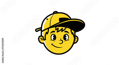 Cheerful cartoon boy character with yellow skin tone and backwards baseball cap design