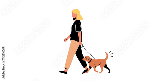 Illustration of a woman walking a dog, depicting a healthy lifestyle and companionship perfect for