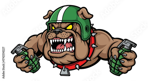 Aggressive bulldog cartoon character wearing helmet holding grenades ready for battle
