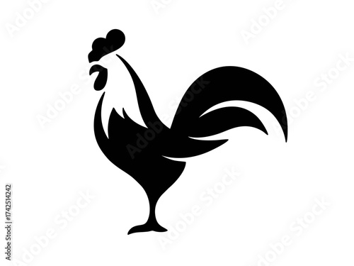 Cockerel side view full body black icon on a white background. Cock rooster poultry chicken logo. black silhouette icon. Vector isolated graphic illustration on white background. 