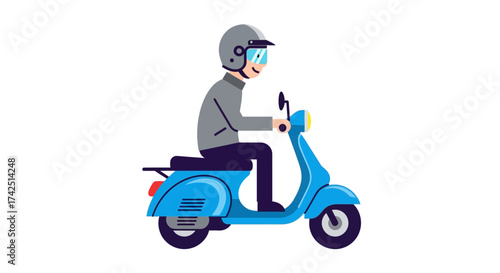 Illustration of a person riding a scooter wearing helmet and goggles on a white background