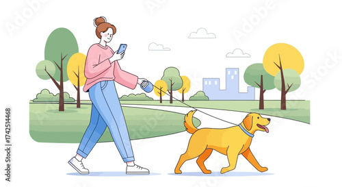 Digital illustration depicting a woman walking a golden retriever in a park setting showing an