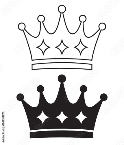 set of crowns vector. Two crowns isolated on white background, one in black silhouette and the other in outline, showcasing royalty, power, and elegance in a minimalist design