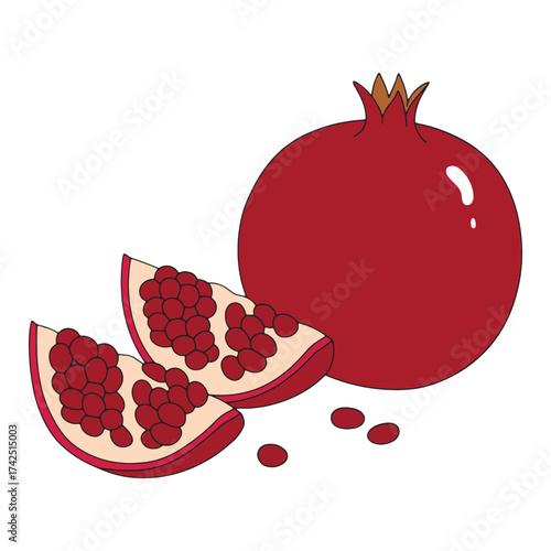 A whole ripe pomegranate and two wedges of the delicious fruit with seeds scattered around it, presented on a white background