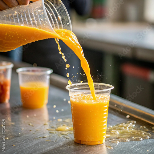 Fresh Orange Juice or Smoothie Being Poured with Splash into Plastic Cup in a Commercial Kitchen

