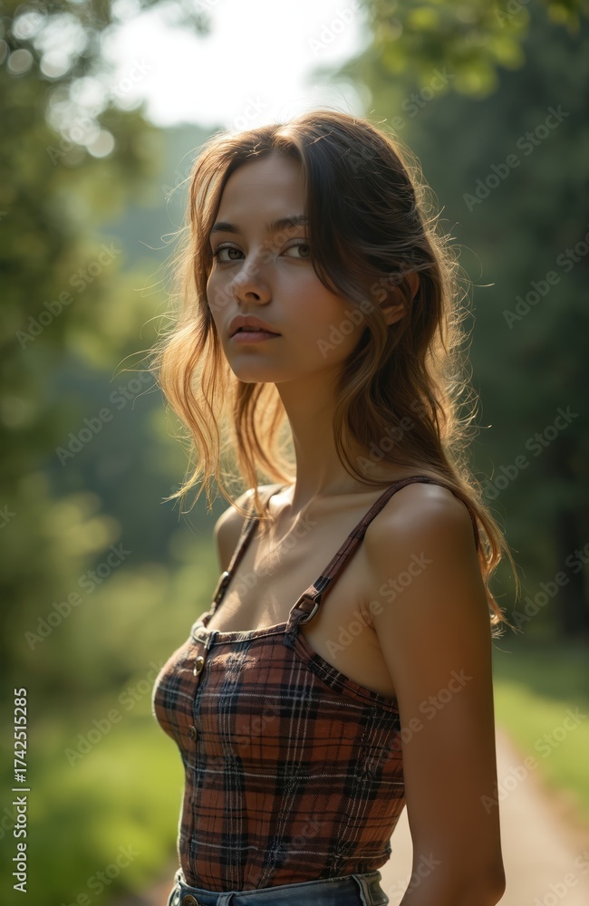 Fototapeta premium Young woman in plaid camisole top, denim shorts stands outdoors. Looks at camera in serene nature park with green trees. Wavy brown hair frames calm, thoughtful young face. Portrait shows casual