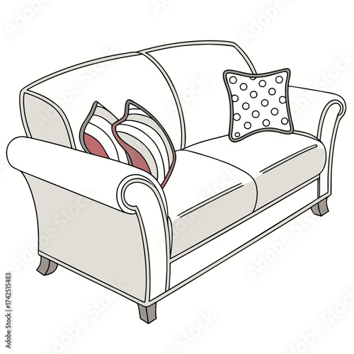 A simple line drawing illustration of a comfortable two seater sofa with decorative cushions