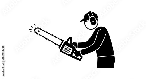 Man with chainsaw black white icon 