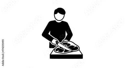 Butcher slicing beef black white icon