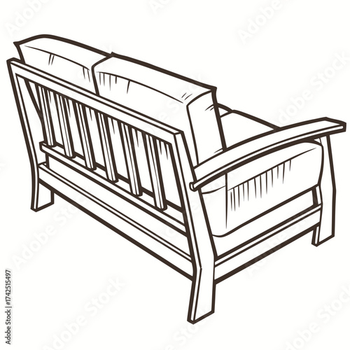 A simple line art illustration of a wooden sofa seen from the back with cushions