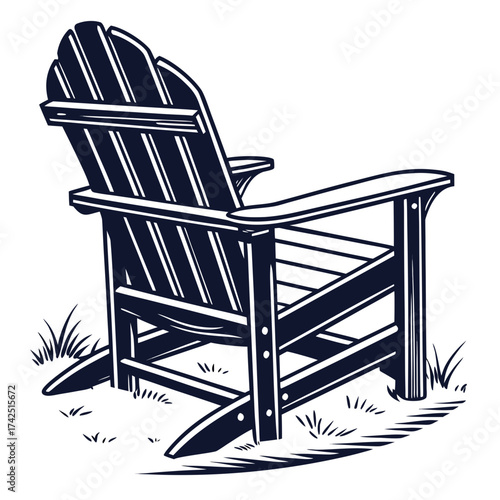 Classic dark blue adirondack chair sitting on grass in a simple graphic illustration style
