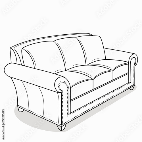 Classic chesterfield sofa line art illustration with tufted cushions and nailhead trim detail