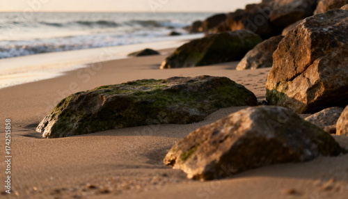 Coastal Rocks on Sandy Beach with Golden Light and Gentle Waves Serene Seascape
