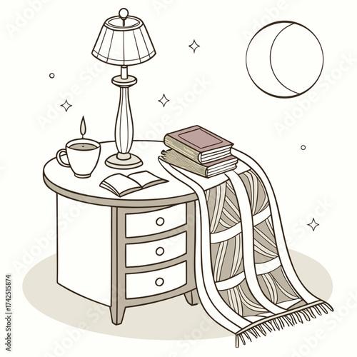 Cozy bedside table with lamp books and a warm blanket under the night sky