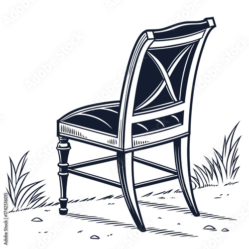 Elegant antique chair with ornate backrest and carved legs resting outdoors on grassy ground