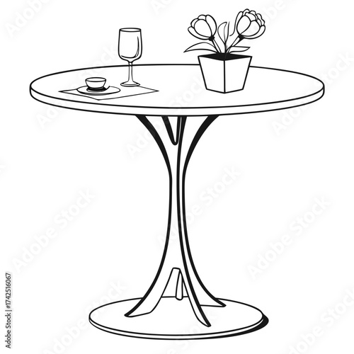 Elegant black and white illustration of a round table with a wine glass teacup and potted tulips