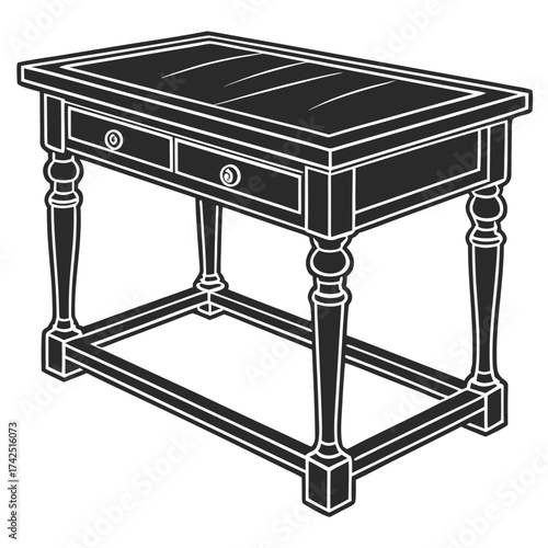 Elegant antique wooden writing desk with two drawers and decorative turned legs on a white background