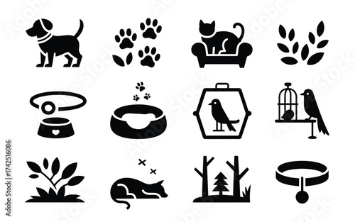 Vector icons pack 12 stylized dog cat bird plant paw print collar pet supplies illustration eps scalable silhouette vector illustration white background