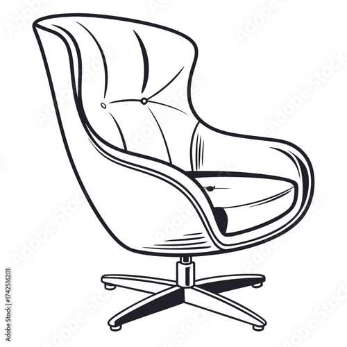 Elegant modern armchair with tufted back and swivel base hand drawn vector illustration