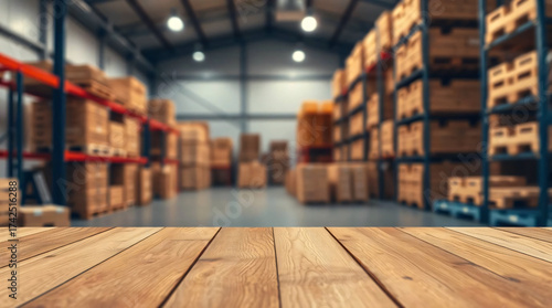 Wallpaper Mural Wooden table surface in the foreground with a blurred image of a spacious warehouse storage facility Torontodigital.ca