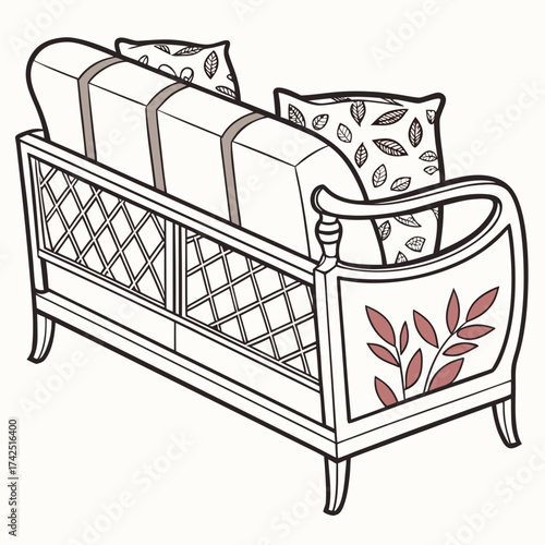 Elegant vintage sofa with decorative lattice and floral patterned cushions in a clean line art style