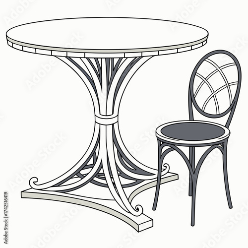 Elegant wrought iron bistro table and chair set with decorative scrollwork and lattice backrest
