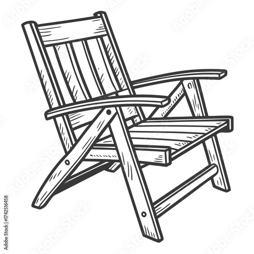 Hand drawn sketch of a wooden folding deck chair isolated on a white background