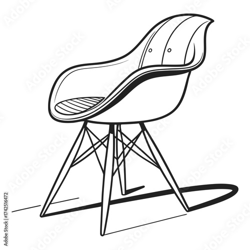 Iconic modern molded plastic armchair with eiffel tower base and cushion detail