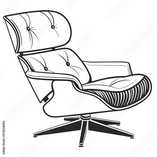 Iconic modern lounge chair with tufted upholstery and a swivel base in a minimalist line drawing style