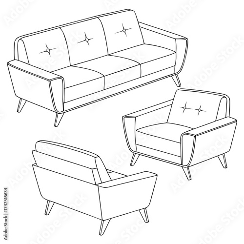 Modern mid century style sofa and armchair set line drawing isolated on white background