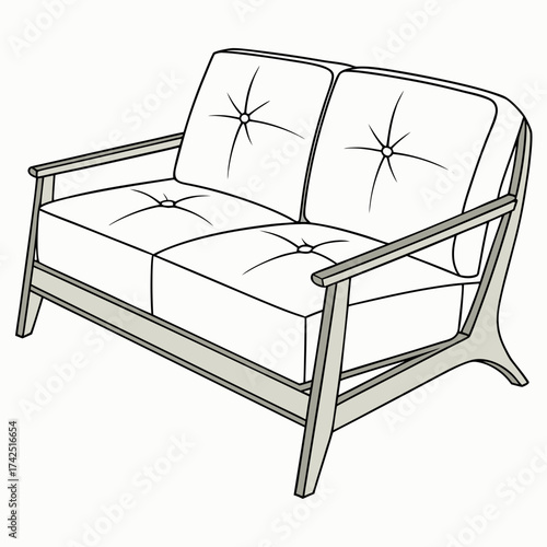 Modern minimalist two seater sofa with tufted cushions and wooden frame isolated on white background