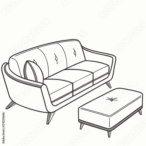Modern mid century style sofa and ottoman line drawing illustration isolated on white background