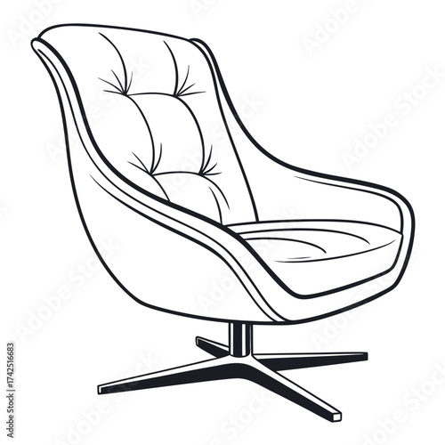Modern tufted lounge chair with swivel base line art illustration