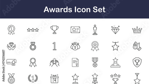 Minimal thin line awards icon set with trophy, medal, star, crown, and certificate symbols for achievement and success with transparent background.