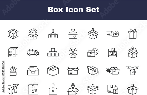 Thin line box icon set with delivery, shipping, packaging, logistics, storage, and parcel symbols for business and ecommerce with transparent background.