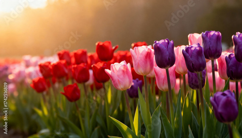 Field of Blooming Tulips at Sunset with Red Pink and Purple Flowers