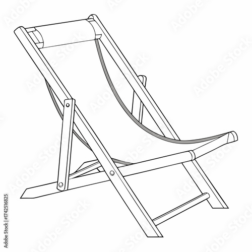 Simple line drawing of a classic wooden deck chair with fabric seat and headrest