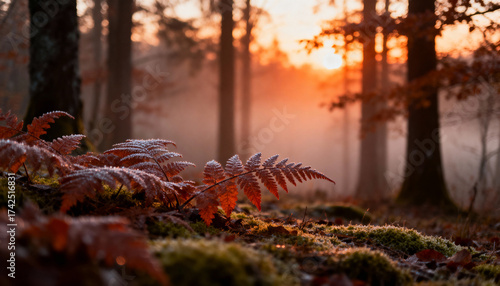Ferns with Dew Drops on Forest Floor at Sunrise With Golden Light Hitting the Trees and Mossy Ground
