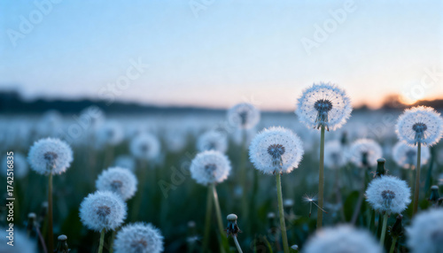 Field of Dandelions at Sunset with Blurred Background in Soft Light