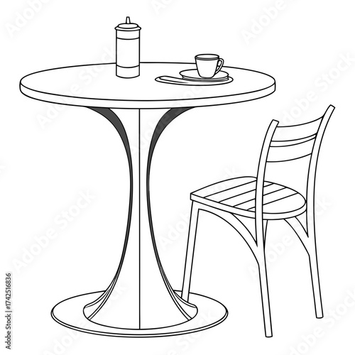 Simple line drawing of a round cafe table with a coffee cup and sugar dispenser next to a chair